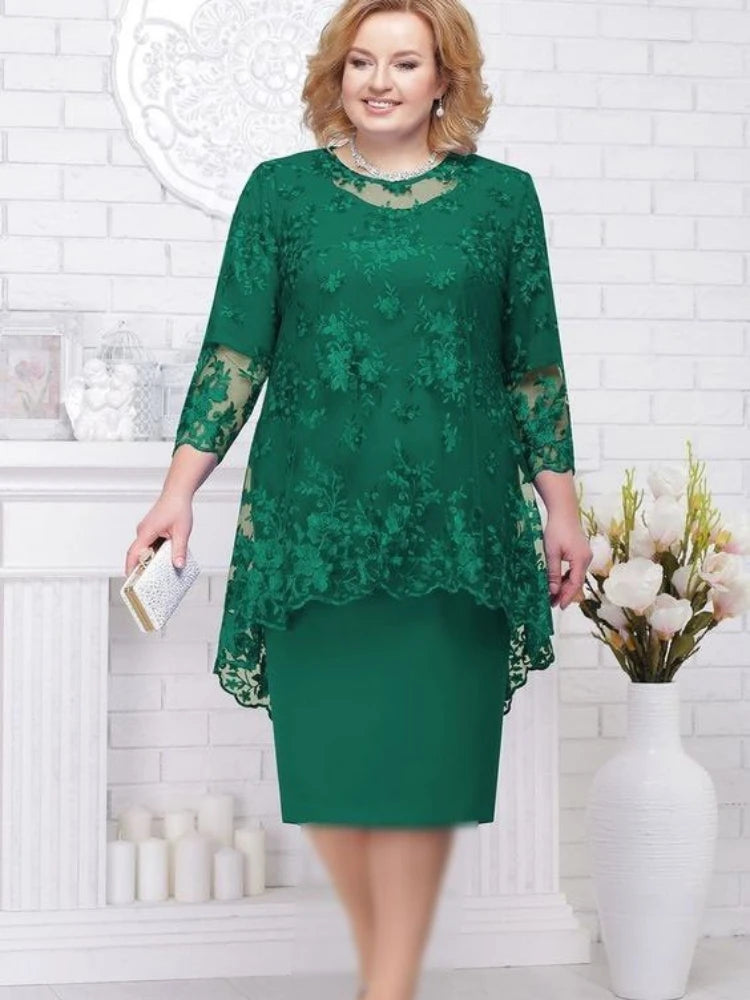 FSMG Plus Size Women Evening Gown Dress, Fashion Solid Color Round Neck High Waist Lace Embroidery Two-piece Slim Fit Dress Set