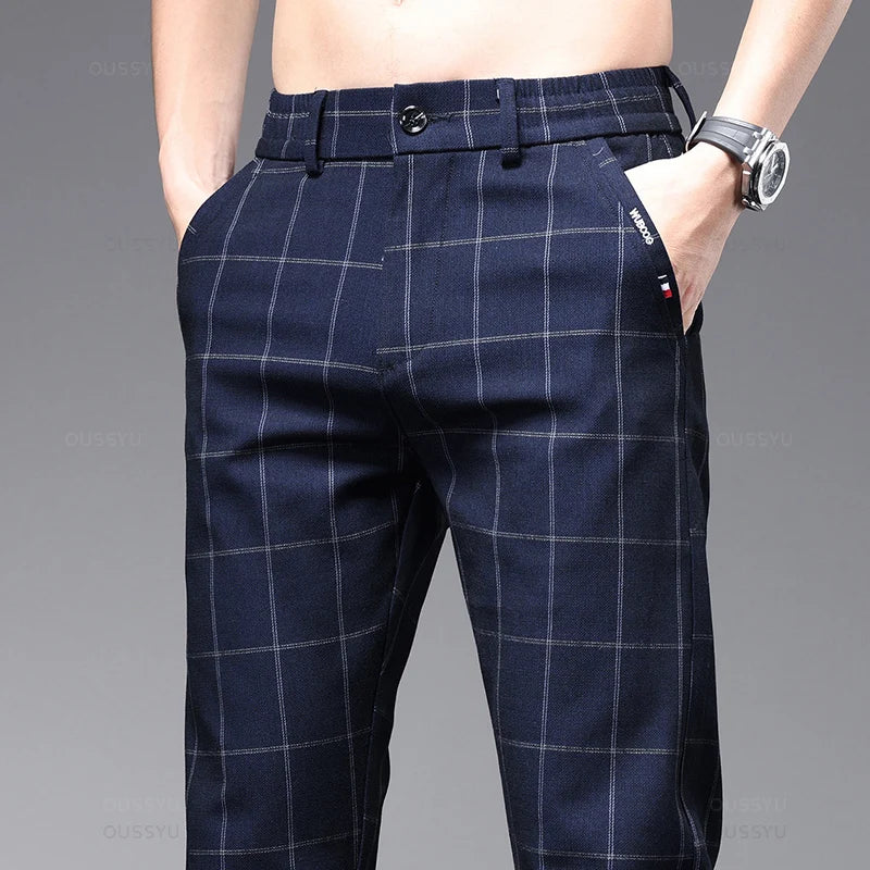 Brand Clothing 2024 Spring Summer Plaid Work Stretch Pants Men Business Fashion Slim Grey Blue Party Casual Pant Trousers Male