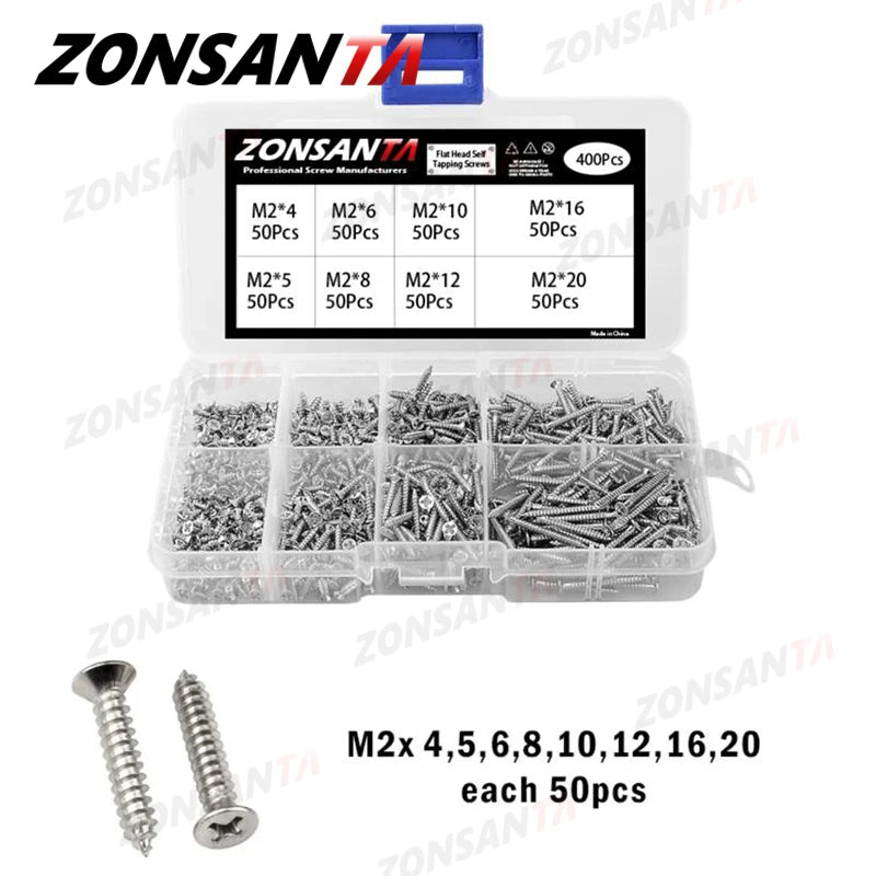 ZONSANTA M1-M4 Cross Flat Head Self Tapping Screw Assortment Kit Wood Thread Nail Screw Sets DIY Countersunk Head Small Screws