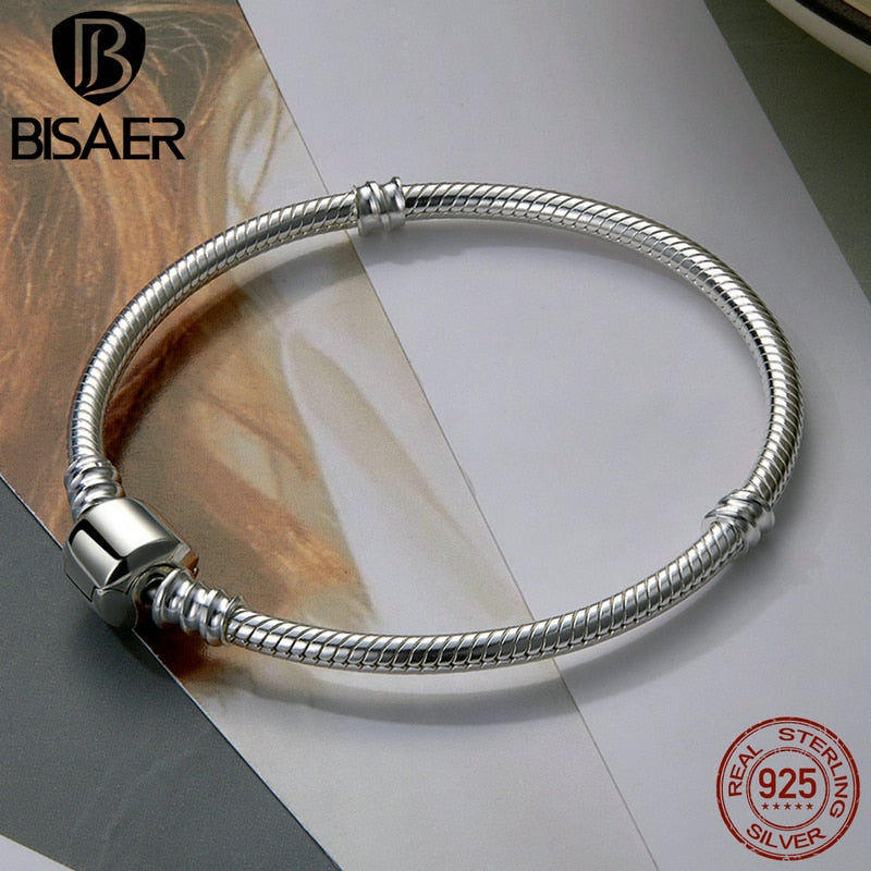 BISAER 100% 925 Sterling Silver Classic Snake Bracelet Personalized Charm Bracelets For Women Luxury Fine Jewelry WEUS902