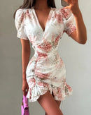 Women Chic Floral Print Bodycon Dress Holiday v-neck Pleated Patchwork Flared Sleeve Ruffle 2026 Summer Casual Latest Vestidos
