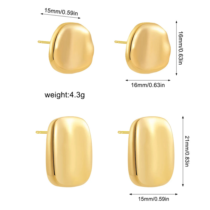Minimalist Smooth Metal Round Rectangle Earrings for Women Gold Color Geometric Small Studs Ear Piercing Jewelry Party Gift