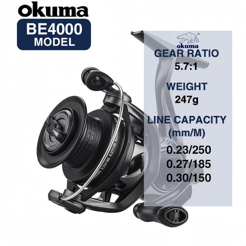 OKUMA High speed ratio No gaps Spinning Reel BE 2000-4000 Fishing Reel 10KG Max Drag, 9+1 Bearing,Speed ratio 5.7:1,rock fishing