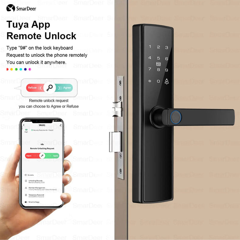 SmarDeer Electronic Door Lock Tuya Smart Lock with 5-in-1 Fingerprint Lock Keyless Entry via Fingerprint/Coed/Card/App