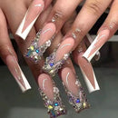 24Pcs Gold French Border False Nails Long Coffin False Nails with Rhinestones Ballerina Full Cover Nail Tips Press on Nails 2030