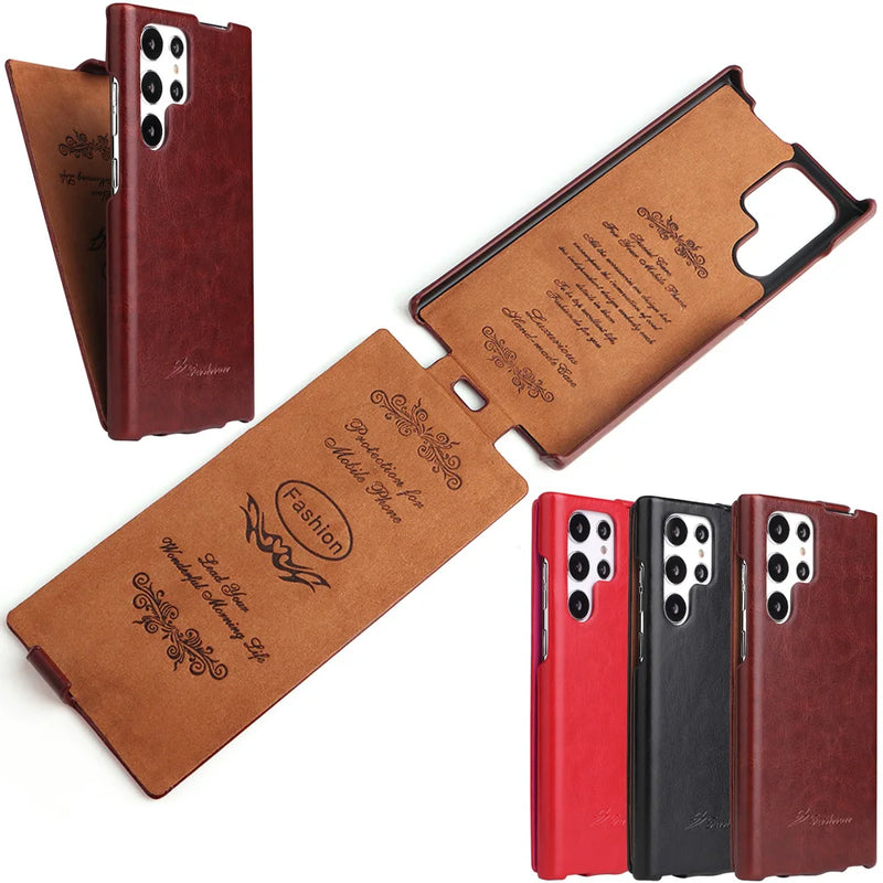 Vertical Flip Leather Case For Samsung Galaxy S22 S23 S24 Ultra Plus Retro Vintage Business Fold up and down Cover