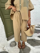 Women Casual Straight Wide Legs Pants Set Loose Lapel Half Sleeve Single-breasted Contrast Pocket Shirt Suits Lady Office Outfit