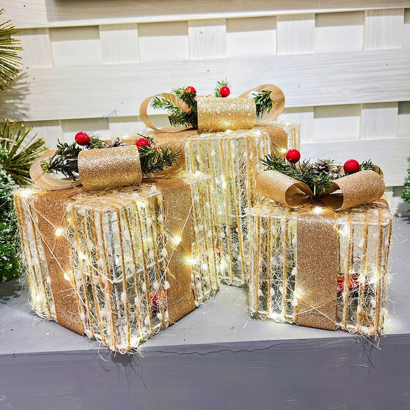 3pcs Christmas Glowing Gift Box With Bow Folding Luminous Box Ornaments For Home Party Desktop Christmas Decoration 2023 Navidad
