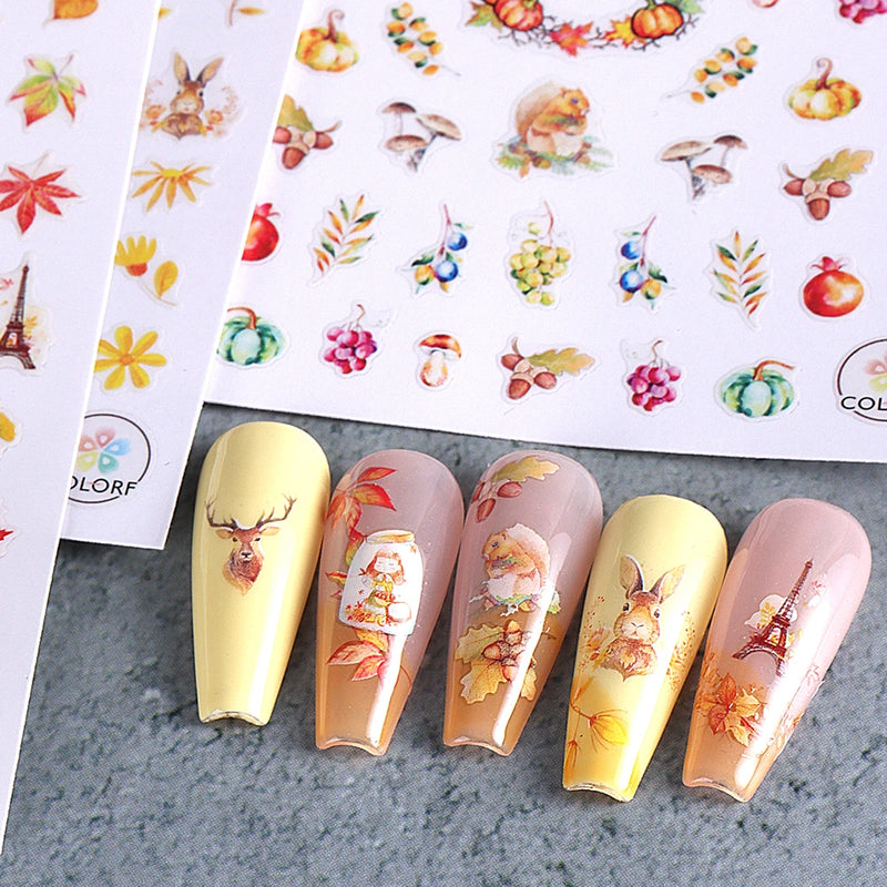 3/4/7pcs 3D Autumn Winter Nail Art Stickers Pumpkin Maple Leaves Squirrel Rabbit Flowers Decal For Thanksgiving Day Manicure DIY