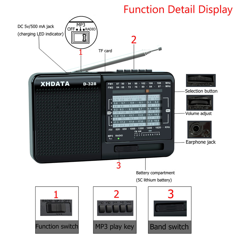 XHDATA D-328 FM Radio AM SW Portable Shortwave Radio Band MP3 Player With TF Card Jack 4Ω/3W Radio Receiver