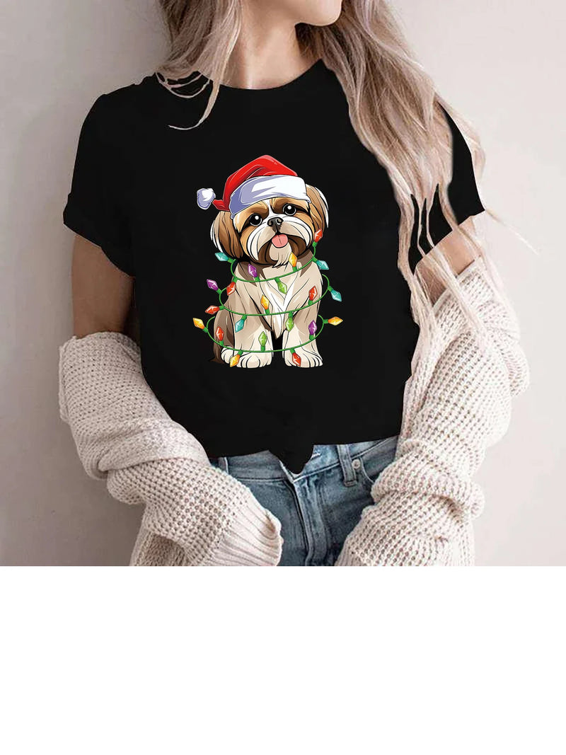 Peace Sign Hand Shih Tzu Santa Christmas Dog Pajamas Printed Short Sleeve Pattern Printed Women's Summer T-shirt