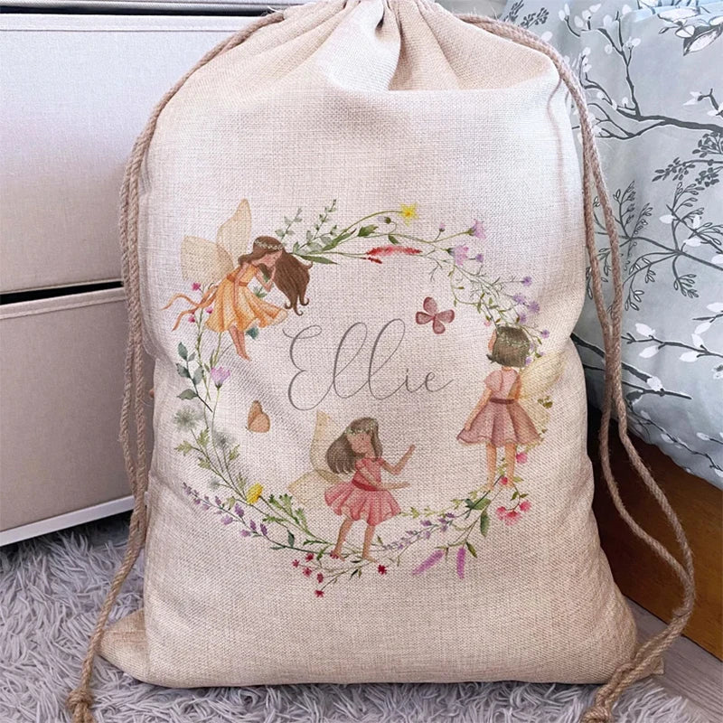 Personalised custom name gift bag toy Sack Fairy Woodland kid Girl Birthday party Baby Shower Christmas present Nursery Storage