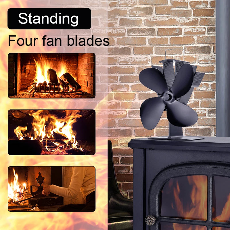 4 Blade Heat Powered Stove Fan Black Fireplace Fan komin Log Wood Burner Eco Friendly Quiet Fan Home Efficient Heat Distribution