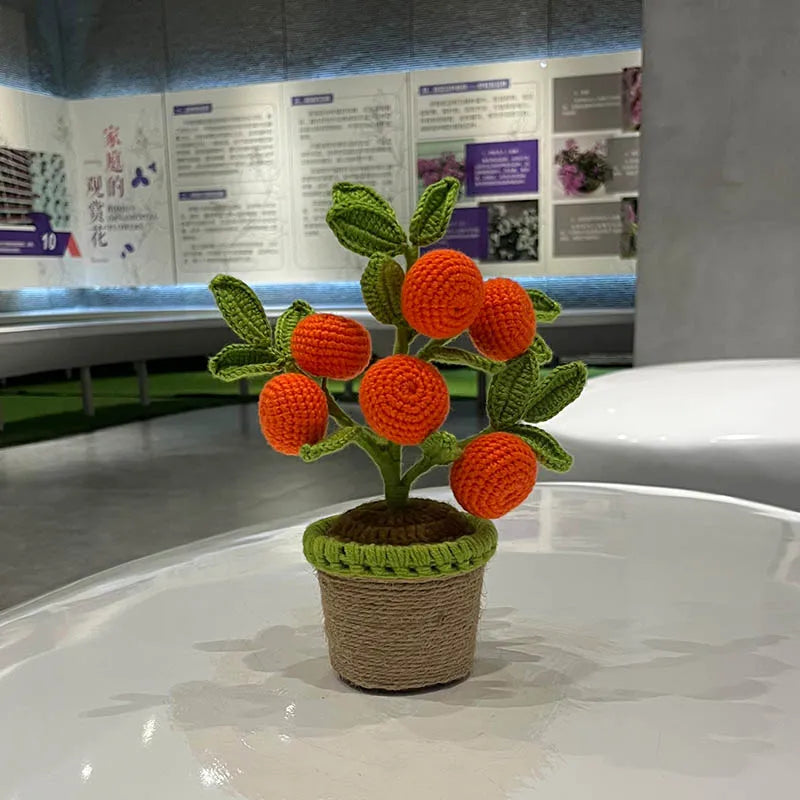 Artificial Crochet Orange Plants Bonsai Fake Flowers Potted For Bedroom Home Garden Living Room Desk Outdoor New Year Decoration