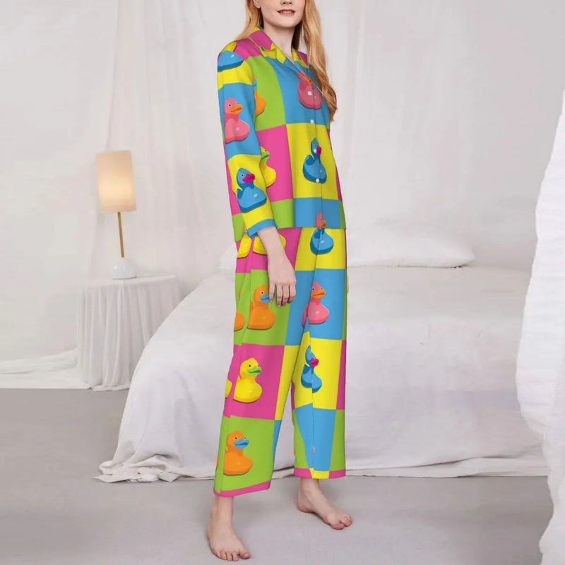 Pajamas Female Yellow Classic Ducks Daily Sleepwear Animal Two Piece Retro Pajama Sets Long Sleeve Elegant Oversize Home Suit