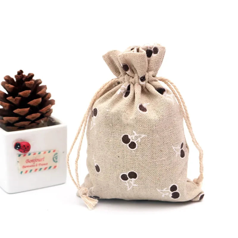50Pcs/lot  (10x14cm) Linen Printed Cotton Gift Bags Packing Jewelry Drawstring Pouch Cosmetic Wedding Candy Wrappling Reusable