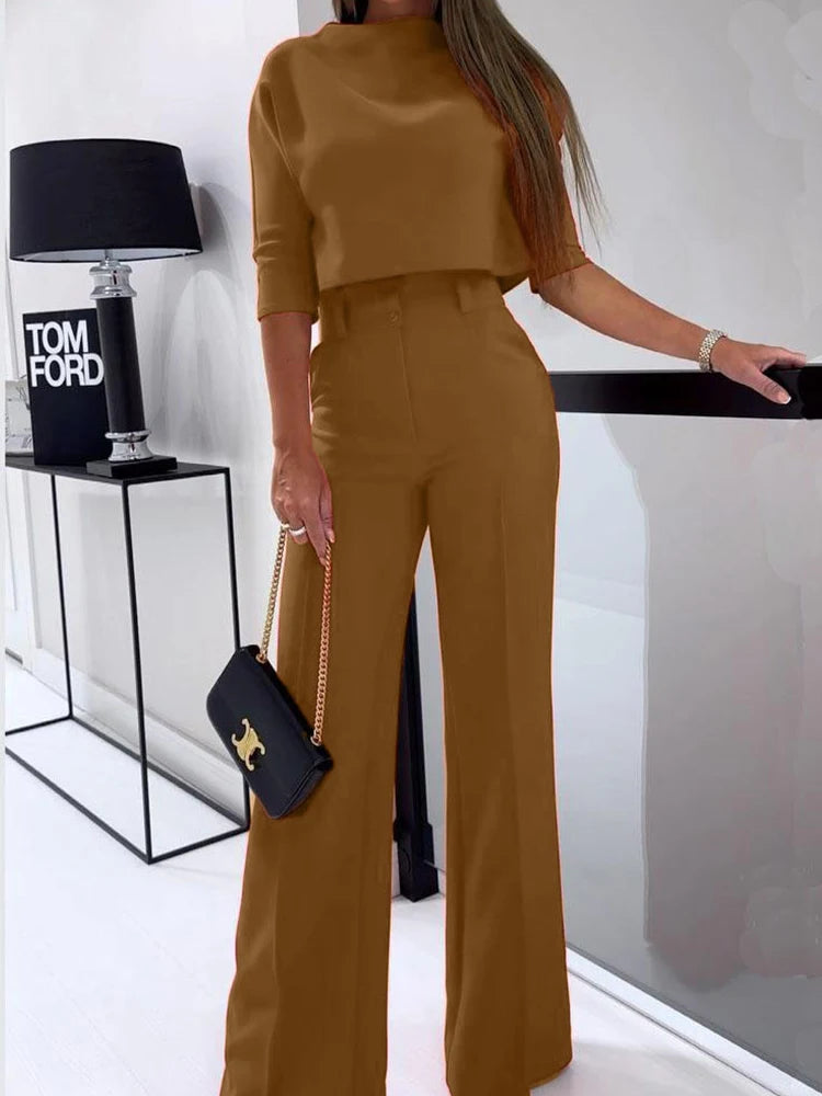 Drauuing  2 Pieces Sets Elegant T Shirts Half Sleeve And Wide Leg Pant Outfits Women Solid 2 Pant Sets For Women Casual Fashion