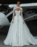 New Arrivals Detachable Long Sleeve Shawl Lace Tulle A-line Bridal Wedding Dresses Vestido De Novia