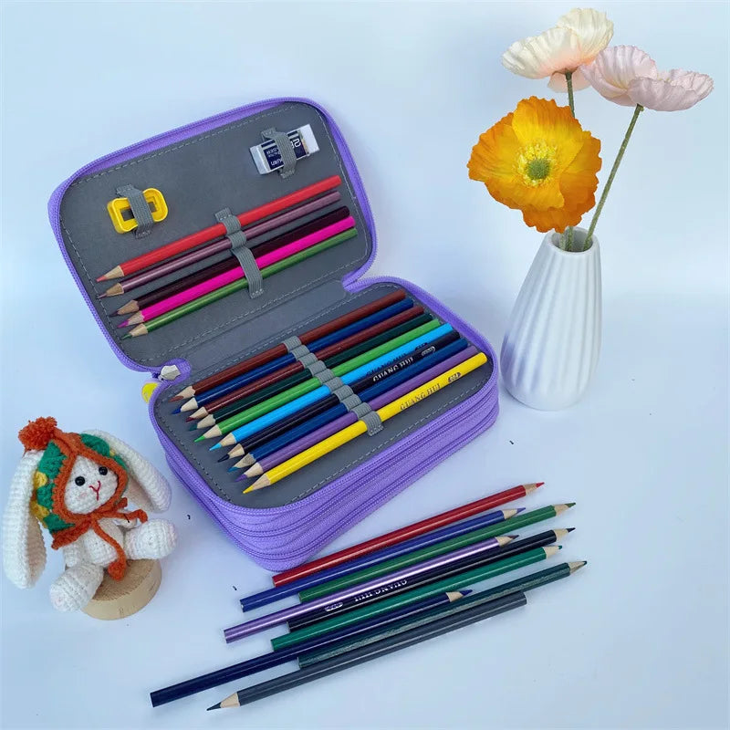 Cute Penal School Pencil Case for Girls Boys Penalty Big Pencilcase Three Zipper 52 Slots Pen Box Stationery Cartridge Kit Bag