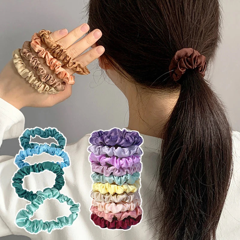6/10Pcs/set Silk Satin Scrunchies Solid Color Hair Rope Girls Hair Accessories Ponytail Holder Small Hair Tie Summer Rubber Band