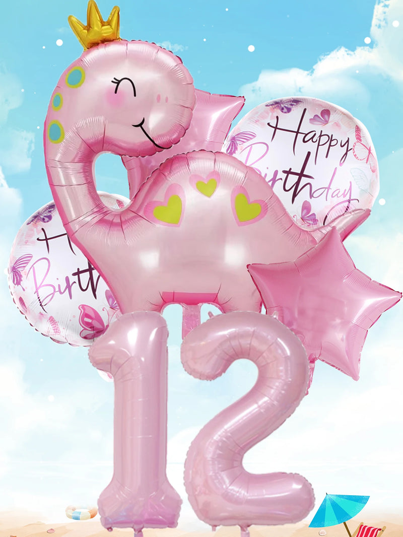 1set Pink Crown Dinosaur Foil Balloons 40 Inch Number Helium Balloon Baby Girl Children‘s Birthday Party Decorations Kids’