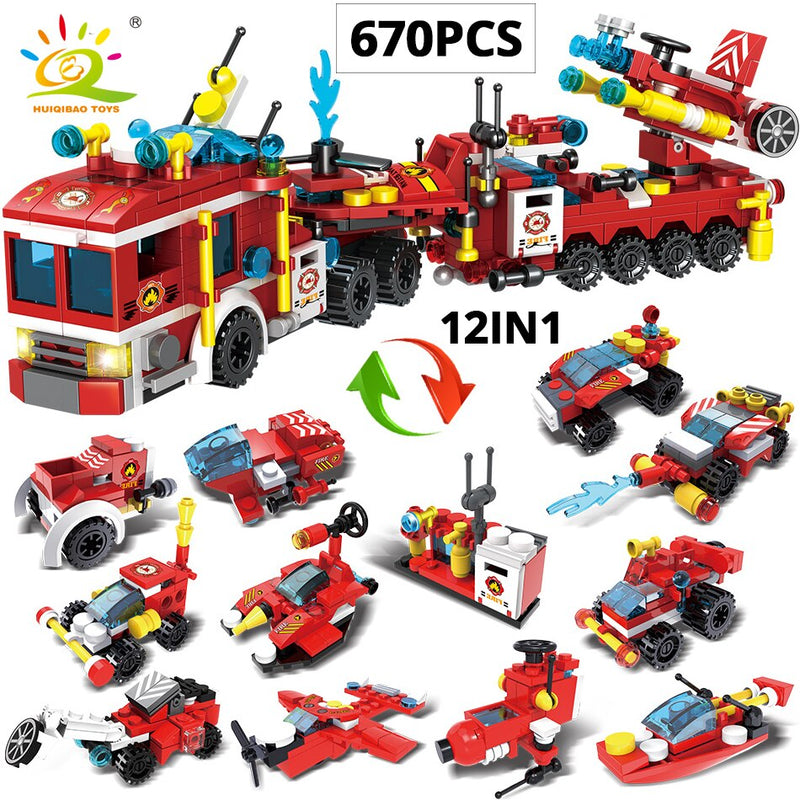 HUIQIBAO Fire Fighting Trucks Model Building Blocks City Firefight Team Plane Helicopter Car Boat Bricks Kit Toys For Children