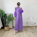 ANLAN Miyake Pleated Maxi Long Dress Mesh Petal Sleeve Half Turtleneck Formal Dresses for Women 2024 New Hot Sales 6KK9927