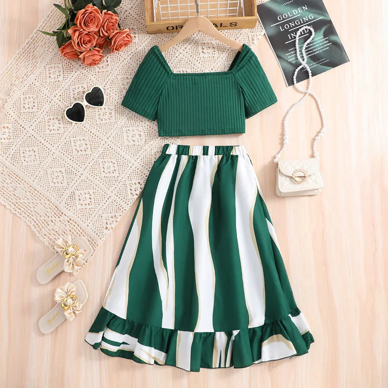 Kids Casual Dress Sets for Girls Clothes Summer New Fashion Children Green T-shirts Tops Stripe Long Skirts Clothing Sets 7-14Y
