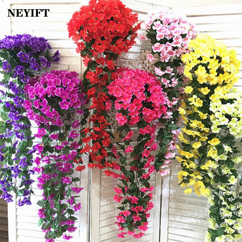 Artificial Violet Flowers Wall Hanging Basket Flower Orchid Silk Flower Vine Home Wedding Party Street Light Decoration