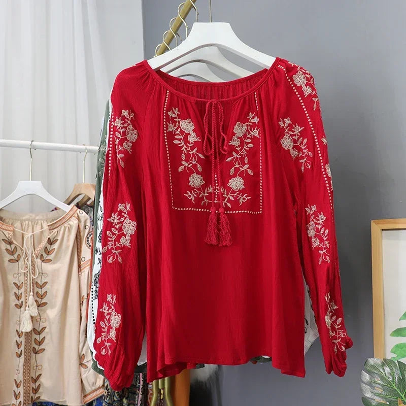 Ethnic Style O-Neck Lace-up Blouse Women Embroidery Y2k Tops Female Casual Blouses Lantern Sleeve Blusas De Mujer Dropshipping