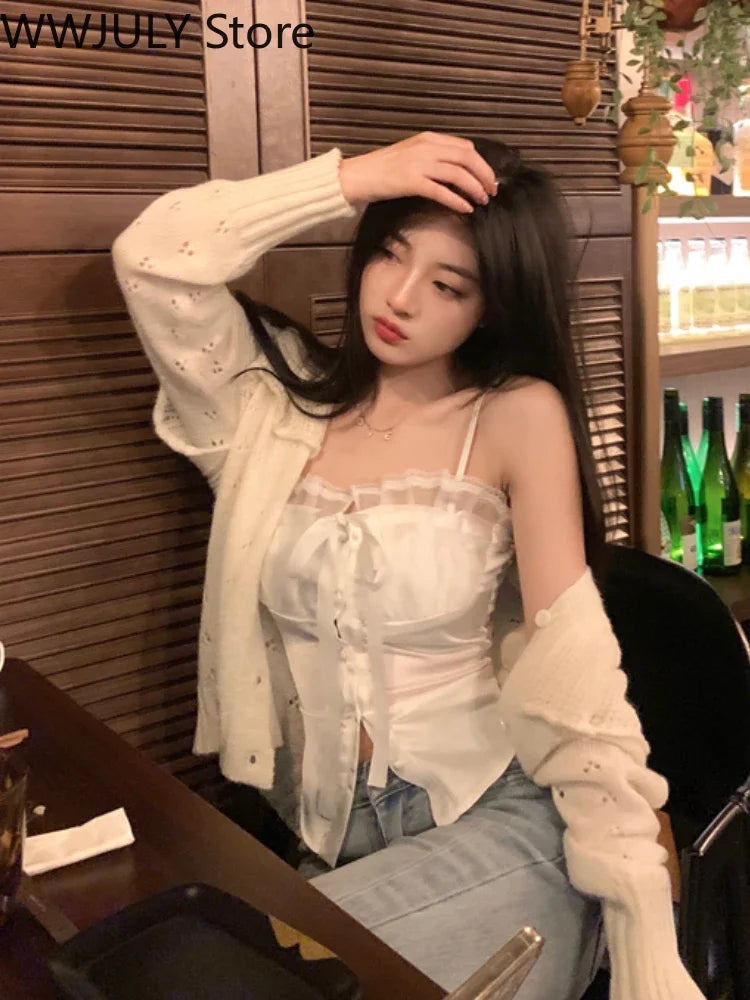 2024 New Pure Color Lace Strap Blouse Ladies Casual Elegant Sexy Crop Tops Party Slim Korean Style Fashion Vest Design Chic