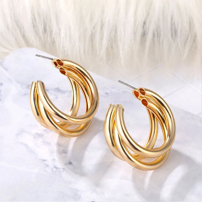 925 Sterling Silver Ear Needle Metallic Style Minimalist Triple Band Chunky Open Hoop Earrings for women Stylish Wedding Jewelry