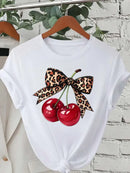 Neck Casual Tops for Summer Spring Women's Clothing Fashion Cherry Print Women T-Shirt Short Sleeve Crew