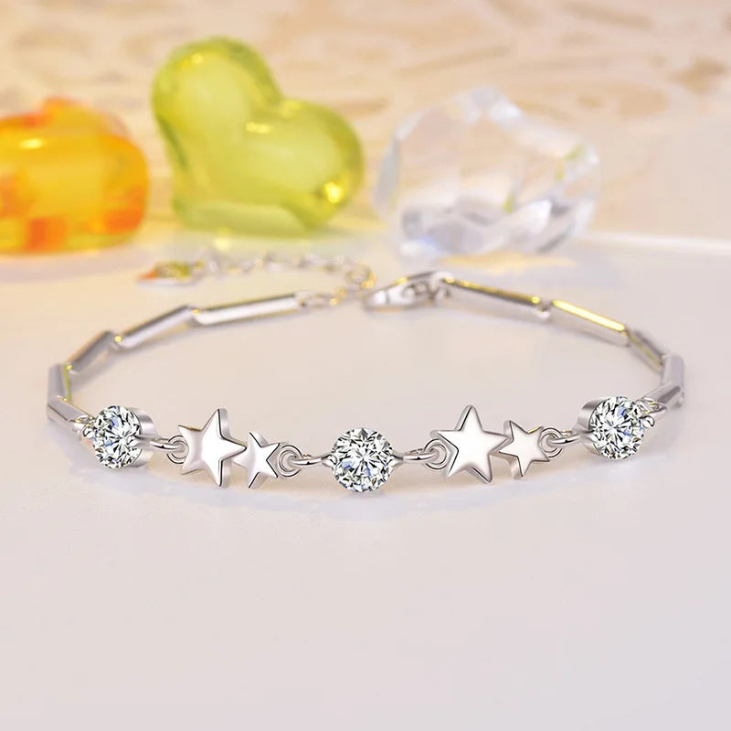 New arrive 925 Sterling Silver pretty Star Pink Crystal Bracelets for Women Fashion Jewelry Wedding Engagement Christmas Gifts