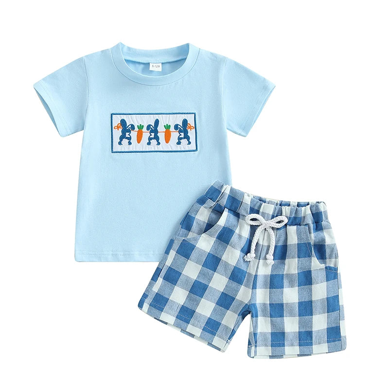 Adorable Infant Easter Outfit with Bunny and Carrot Embroidery Short Sleeve Tee and Plaid Shorts Set for Boys