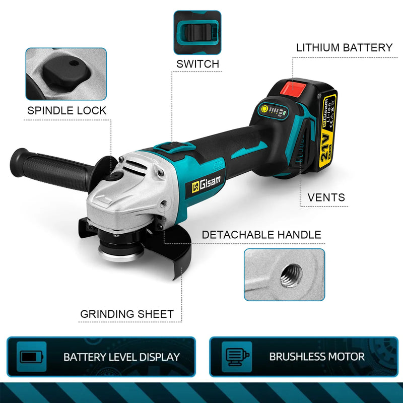 Gisam 125mm 4 Gears Brushless Angle Grinder Cordless Grinding Polishing Cutting Machine Power Tools For Makita 18V Battery Pin