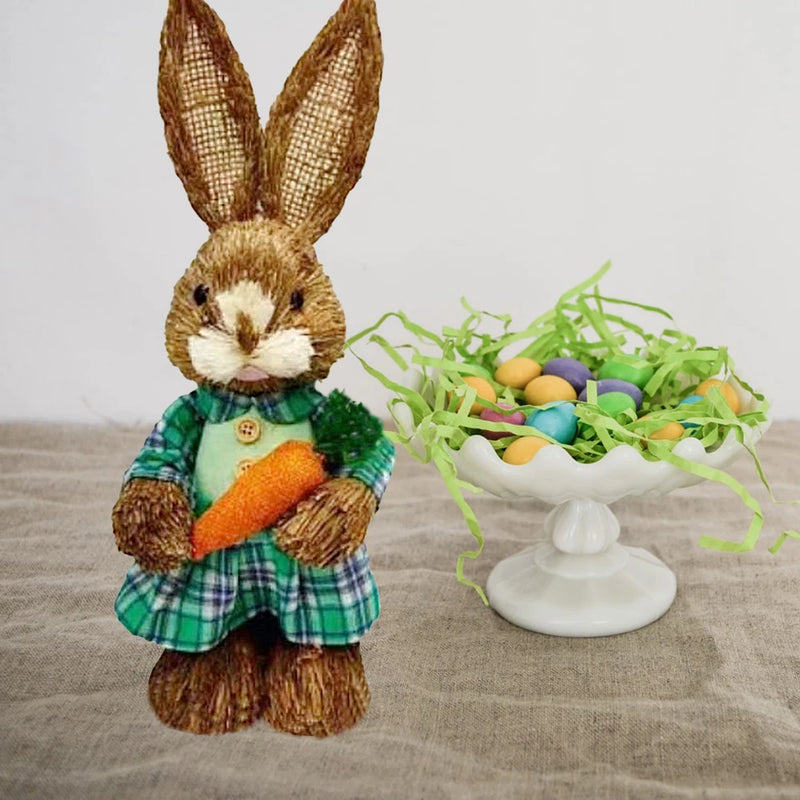 Cute Straw Rabbits Bunny Standing Decorations w/Carrots for Easter Party Home Garden Wedding Ornament Photo Props Crafts