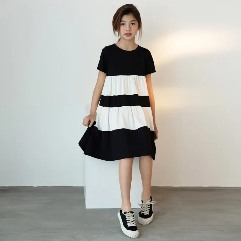 8 To 16 Years, Girls Dress 2022 New Kids Summer Clothes Teenage Casual Dress Patchwork 100% Cotton Soft Mommy and Me ,