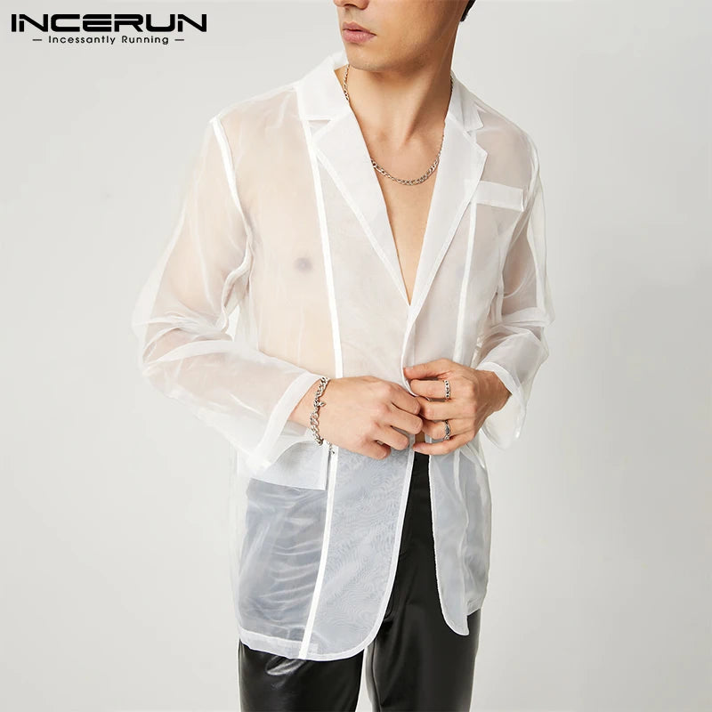 Fashion Men Mesh Blazers Transparent Lapel Long Sleeve Sexy Casual Coats 2023 One Button Streetwear Party Men Suit S-5XL INCERUN