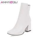 ANNYMOLI Thick High Heel Boots Square Toe Winter Boots Women Ankle Boots  Zipper Ladies Autumn Shoes White Black Red Size 33-43