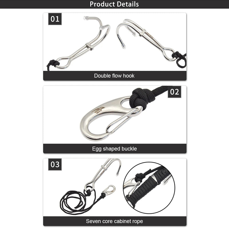 Double Head Drift Hook Lightweight Stainless Steel Spiral Coil Lanyard Scuba Diving Drift Reef Hook Rope Outdoor Underwater Hook