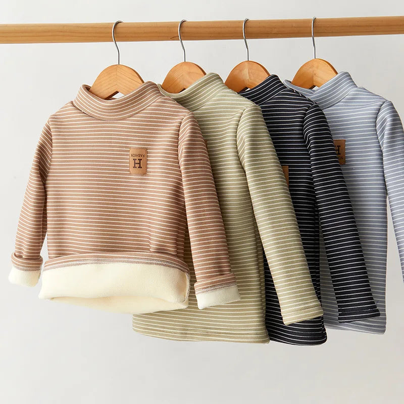 New Girls Padded Bottoming Shirt Boys Striped Turtleneck Jumper Autumn Winter Children Warm Fashion Casual Long-Sleeved Sweater