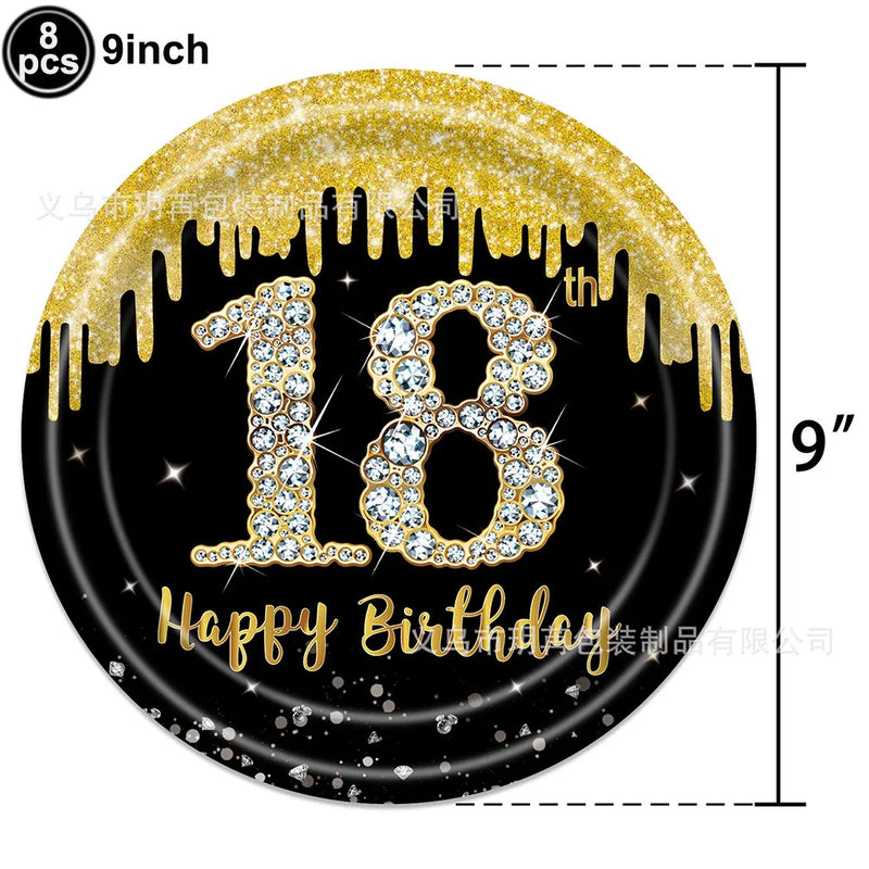 18th Birthday Party Disposable Tableware Plate Cup Napkin Black Gold Party Decorations Birthday Balloon 18 Years Party Supplies
