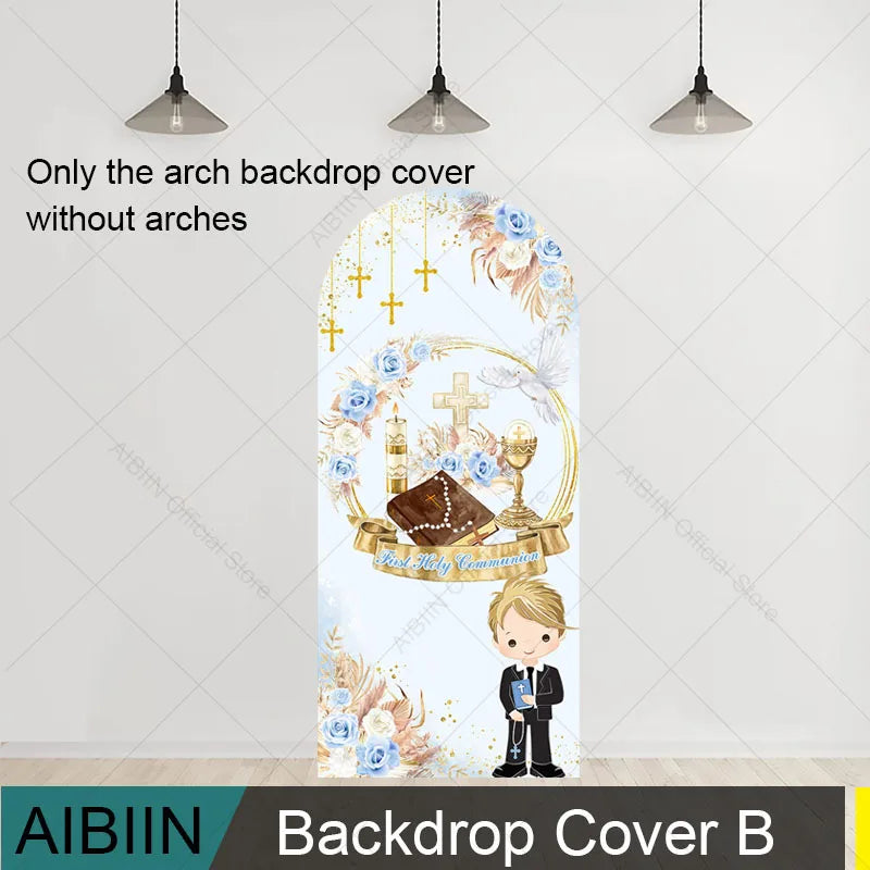 First Holy Communion Arch Backdrop Cover Wood Cross Baptism Boy Girl Boho Blue Cyan Flowers Party Decor Gold Bless Background