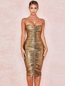 BEAUKEY Gold Shiny  Sexy HL Bandage Strapless Dress Women Celebrity  Club Drape Winter Autumn Slash Neck Vestidos