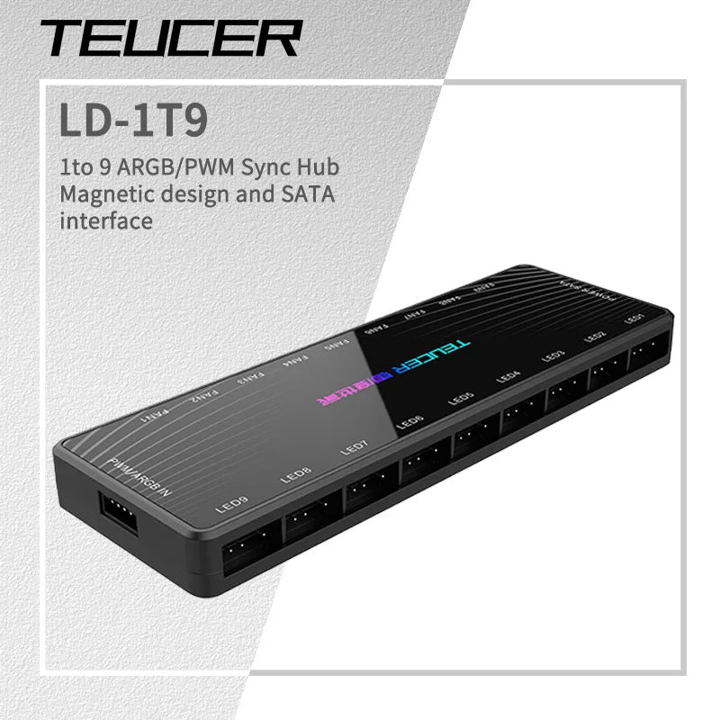TEUCER 1 to 9 PWM & ARGB Hub Splitter 4 Pin PWM 3 Pin Addressable ARGB Adapter SATA Interface Concentrator For Case Fan