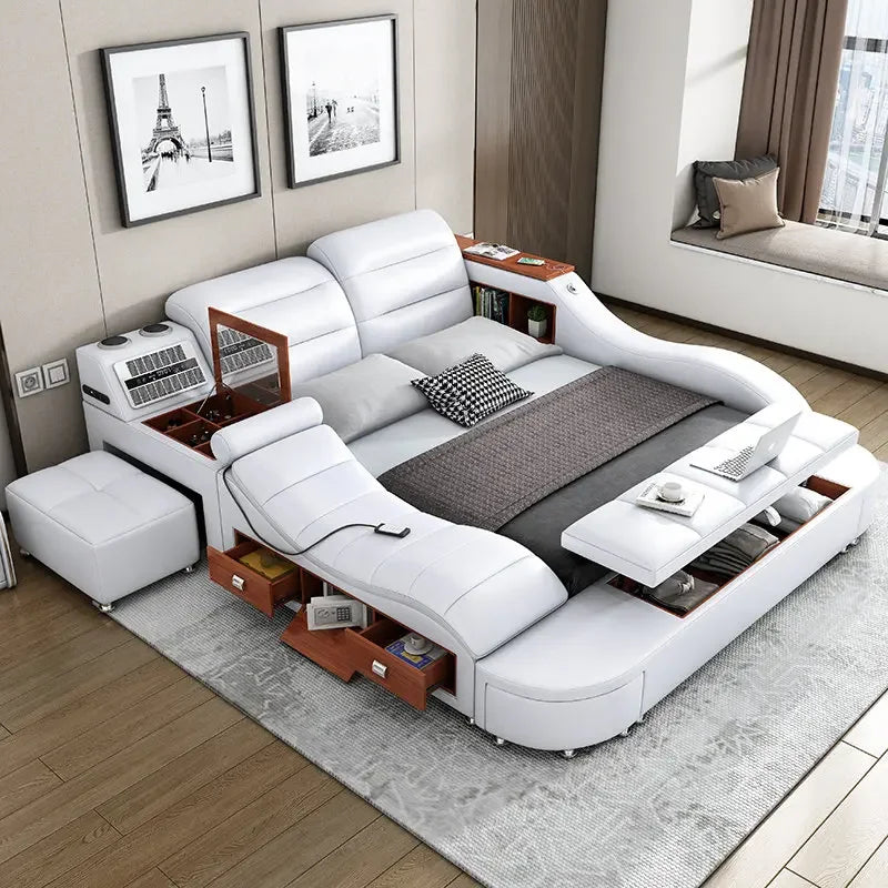 Nordic Unique Wood Double Bed Storage Queen Master Multifunctional Modern Double Bed Luxury Smart Cama Casal Bedroom Furniture