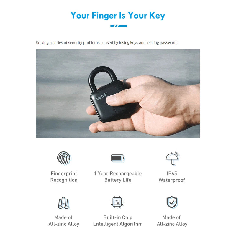 Anyteck Smart Fingerprint Padlock Thumbprint Door Lock Security Anti-Theft Lock Suitable For Wardrobe Cabinet Travel Box