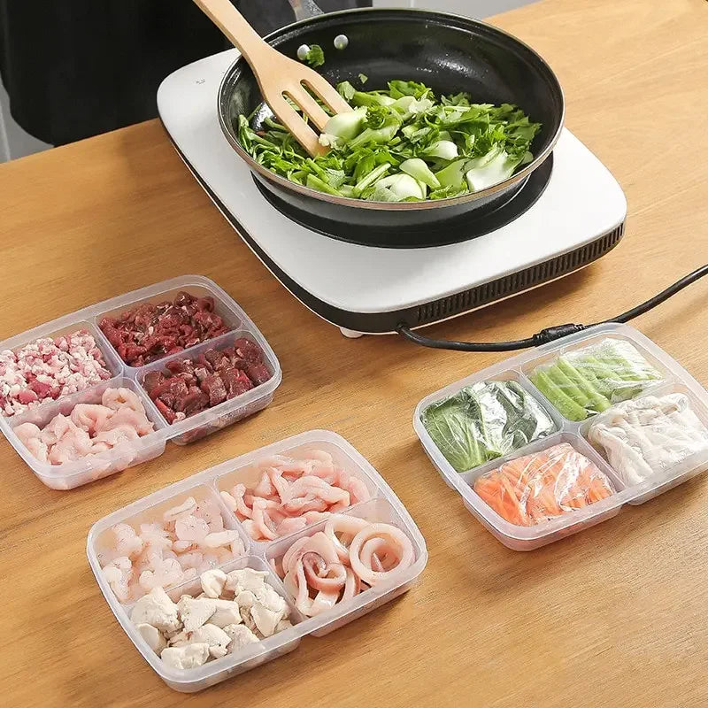 Food Storage Box with Four Compartments, Refrigerator Large Capacity, Frozen Meat Compartments, Premade Food Containers