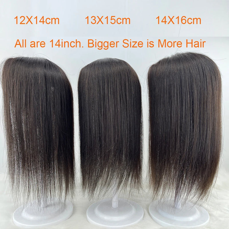 12X14CM Hand Tied Silk Base Human Hair Topper Virgin European Hair Silk Top Lace Toupee Clips In HairPiece Breathable for Women